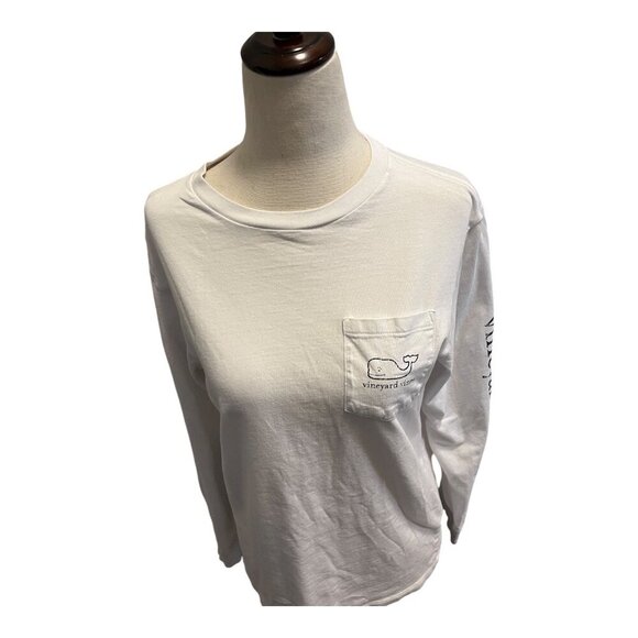 Vineyard Vines White Blue Long Sleeve Pocket Crew Tee Large 100% Cotton Womens - Picture 8 of 8